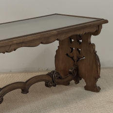 Belgian Renaissance Revival Walnut Coffee Table with Protective Glass Top
