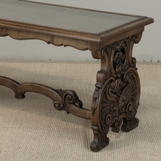 Belgian Renaissance Revival Walnut Coffee Table with Protective Glass Top