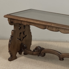Belgian Renaissance Revival Walnut Coffee Table with Protective Glass Top