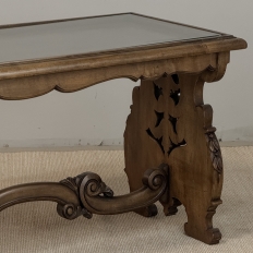 Belgian Renaissance Revival Walnut Coffee Table with Protective Glass Top