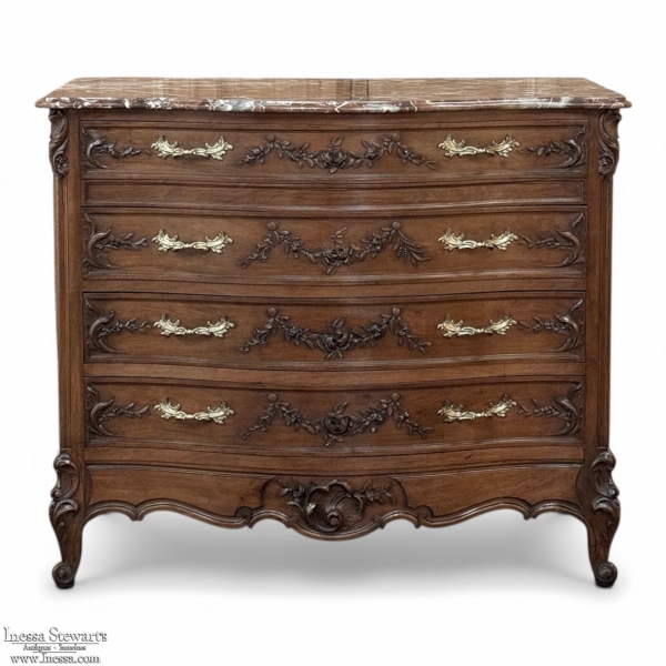 19th Century French Walnut Commode with Rouge Marble Top