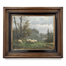 Framed Oil Painting on Canvas by F. Schloten 'Sheep in the Meadow'