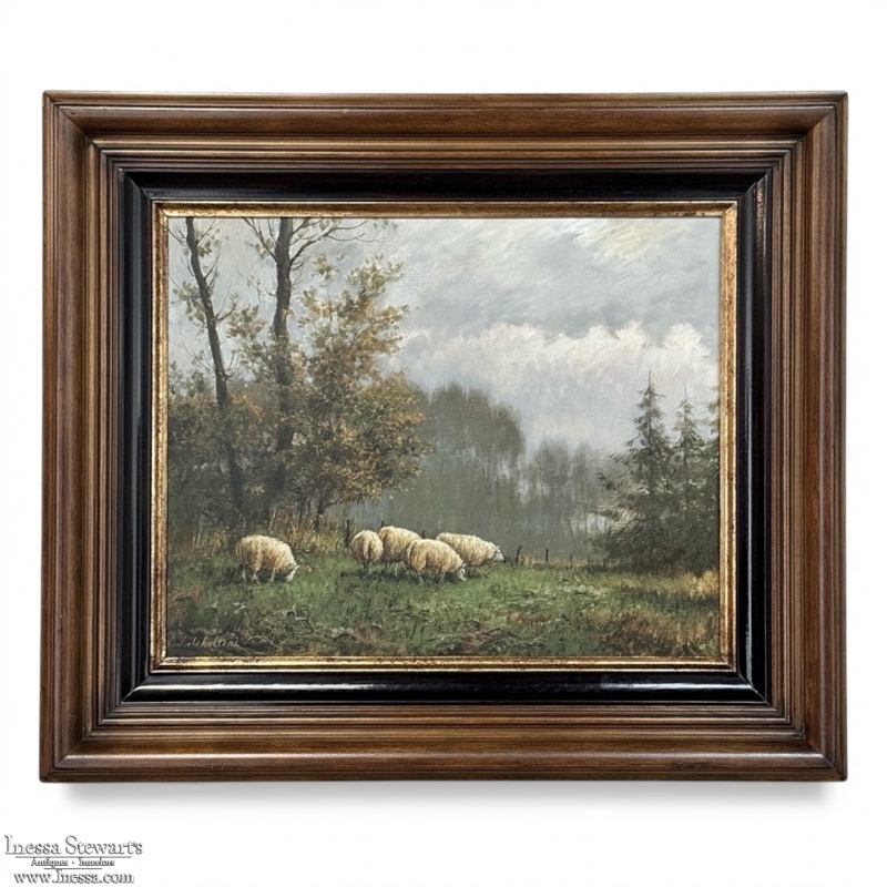 Framed Oil Painting on Canvas by F. Schloten 'Sheep in the Meadow'