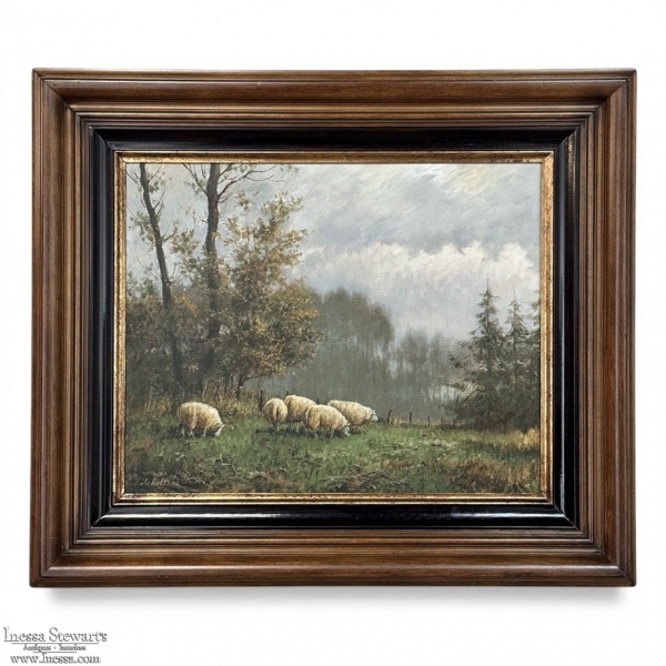 Framed Oil Painting on Canvas by F. Schloten 'Sheep in the Meadow'