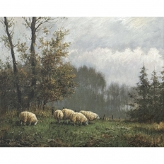 Framed Oil Painting on Canvas by F. Schloten 'Sheep in the Meadow'