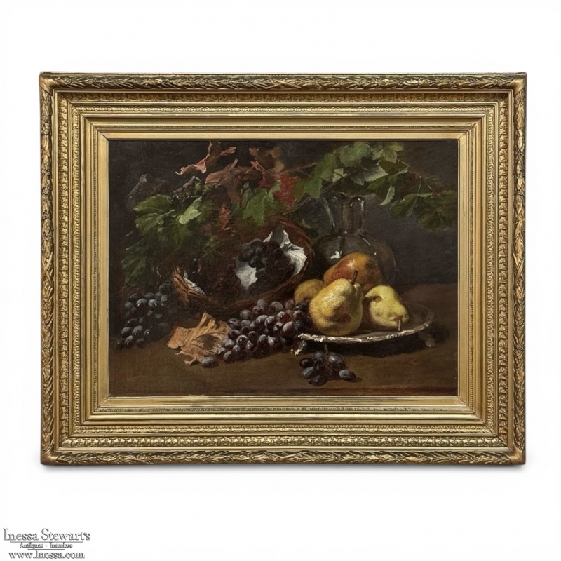 19th Century Framed Oil on Canvas by A. Wauquier in the Original Gilded Frame ~ 'Still Life with Grapes'