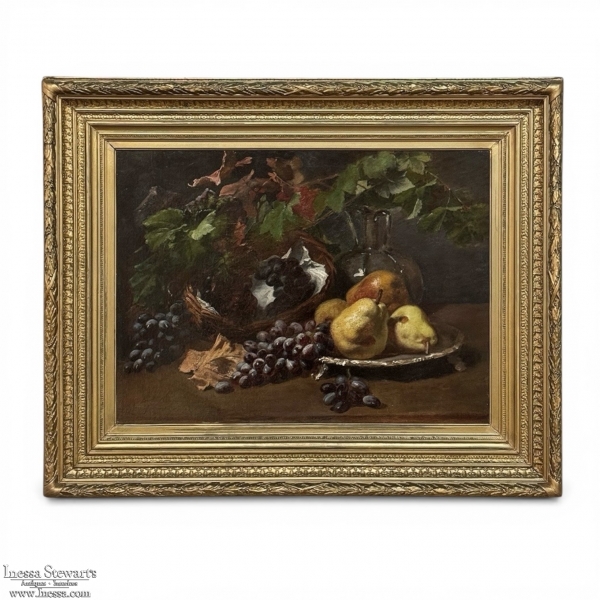 19th Century Framed Oil on Canvas by A. Wauquier in the Original Gilded Frame ~ 'Still Life with Grapes'