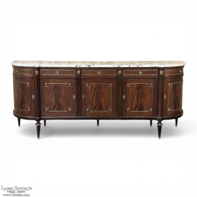 Grand Louis XVI Style Flame Mahogany Buffet with Marble Top