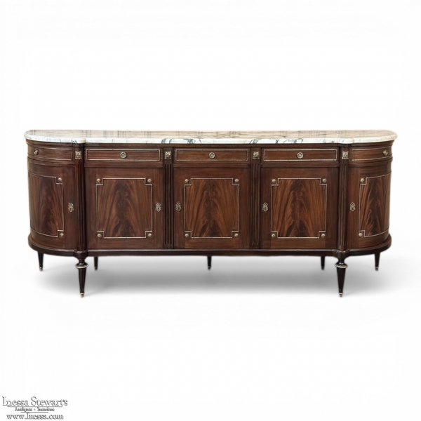 Grand Louis XVI Style Flame Mahogany Buffet with Marble Top
