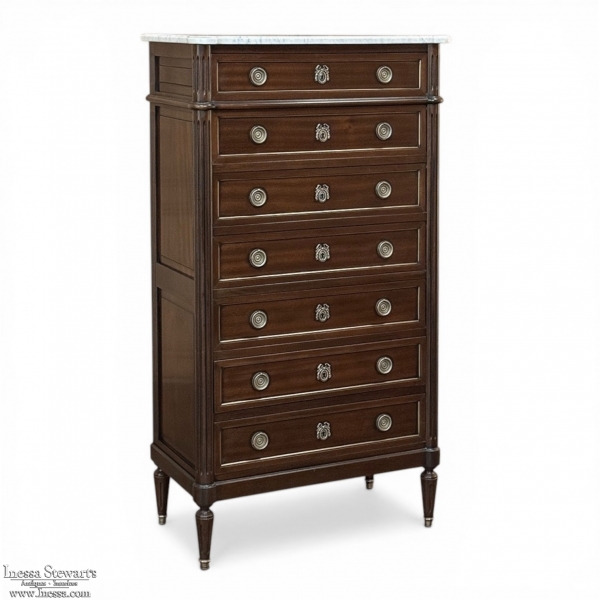 19th Century Louis XVI Mahogany Carrara Marble Top Semainier ~ Tall Chest of Drawers