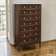 19th Century Louis XVI Mahogany Carrara Marble Top Semainier ~ Tall Chest of Drawers