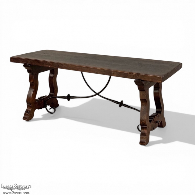 Spanish Walnut Coffee Table with Hand-Forged Iron Stretcher