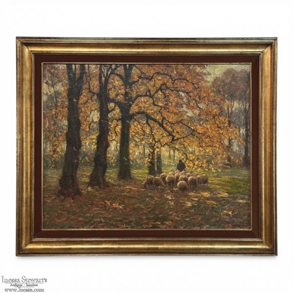 Framed Oil Painting on Canvas by Alphonse van Beurden Jr. (1878&ndash;1962) 'Shepherd and Flock in Autumn Forest'