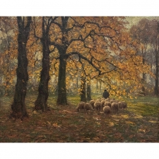 Framed Oil Painting on Canvas by Alphonse van Beurden Jr. (1878–1962) 'Shepherd and Flock in Autumn Forest'