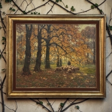 Framed Oil Painting on Canvas by Alphonse van Beurden Jr. (1878–1962) 'Shepherd and Flock in Autumn Forest'