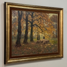 Framed Oil Painting on Canvas by Alphonse van Beurden Jr. (1878–1962) 'Shepherd and Flock in Autumn Forest'