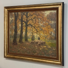 Framed Oil Painting on Canvas by Alphonse van Beurden Jr. (1878–1962) 'Shepherd and Flock in Autumn Forest'