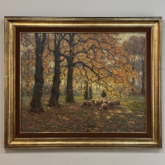 Framed Oil Painting on Canvas by Alphonse van Beurden Jr. (1878–1962) 'Shepherd and Flock in Autumn Forest'