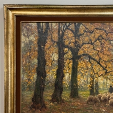 Framed Oil Painting on Canvas by Alphonse van Beurden Jr. (1878–1962) 'Shepherd and Flock in Autumn Forest'