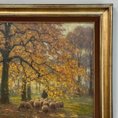 Framed Oil Painting on Canvas by Alphonse van Beurden Jr. (1878–1962) 'Shepherd and Flock in Autumn Forest'