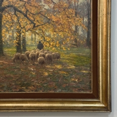 Framed Oil Painting on Canvas by Alphonse van Beurden Jr. (1878–1962) 'Shepherd and Flock in Autumn Forest'