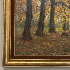 Framed Oil Painting on Canvas by Alphonse van Beurden Jr. (1878–1962) 'Shepherd and Flock in Autumn Forest'