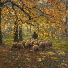 Framed Oil Painting on Canvas by Alphonse van Beurden Jr. (1878–1962) 'Shepherd and Flock in Autumn Forest'