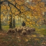 Framed Oil Painting on Canvas by Alphonse van Beurden Jr. (1878–1962) 'Shepherd and Flock in Autumn Forest'