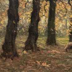 Framed Oil Painting on Canvas by Alphonse van Beurden Jr. (1878–1962) 'Shepherd and Flock in Autumn Forest'