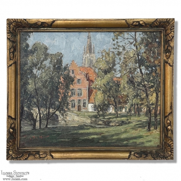 Antique Framed Oil Painting on Canvas signed DeMeer ~ 'View of Bruges'