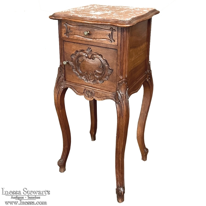 Antique French Louis XV Walnut Marble Top Nightstand ~ End Table