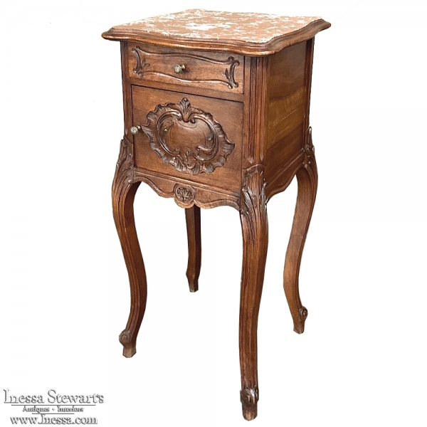 Antique French Louis XV Walnut Marble Top Nightstand ~ End Table