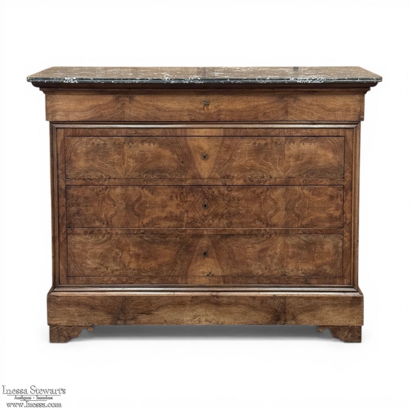 19th Century French Louis Philippe Burl Walnut Marble Top Commode