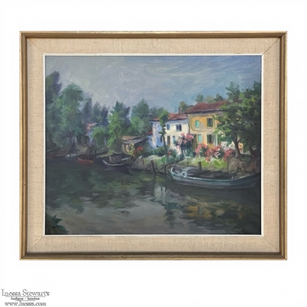 Mid-Century Framed Oil on Canvas Canal Scene, Signed by the Artist