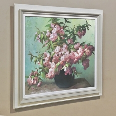 Antique Hand-Painted Still Life Oil on Canvas, Cherry Blossoms by E. Devos in Original Frame