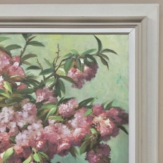 Antique Hand-Painted Still Life Oil on Canvas, Cherry Blossoms by E. Devos in Original Frame