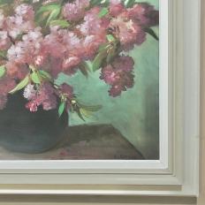 Antique Hand-Painted Still Life Oil on Canvas, Cherry Blossoms by E. Devos in Original Frame