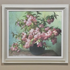 Antique Hand-Painted Still Life Oil on Canvas, Cherry Blossoms by E. Devos in Original Frame