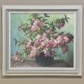 Antique Hand-Painted Still Life Oil on Canvas, Cherry Blossoms by E. Devos in Original Frame