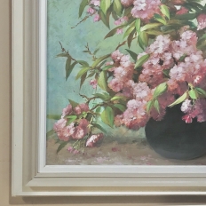 Antique Hand-Painted Still Life Oil on Canvas, Cherry Blossoms by E. Devos in Original Frame