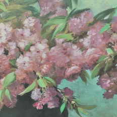 Antique Hand-Painted Still Life Oil on Canvas, Cherry Blossoms by E. Devos in Original Frame