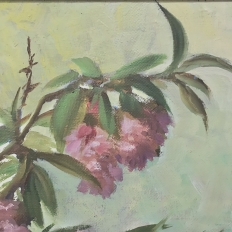 Antique Hand-Painted Still Life Oil on Canvas, Cherry Blossoms by E. Devos in Original Frame