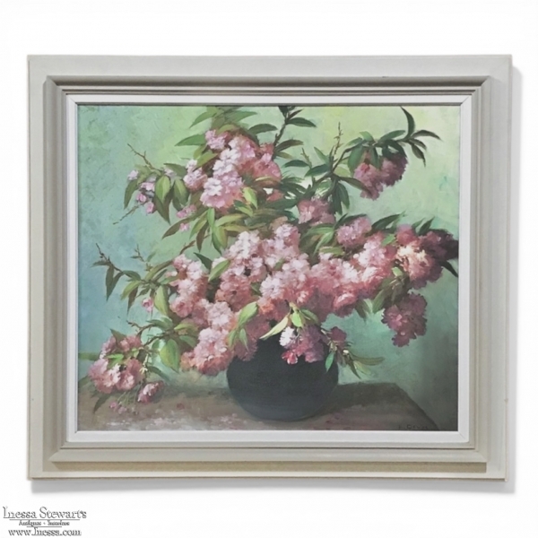 Antique Hand-Painted Still Life Oil on Canvas, Cherry Blossoms by E. Devos in Original Frame