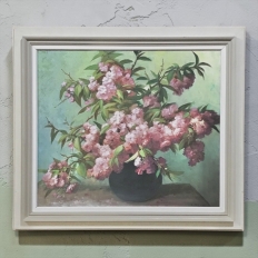 Antique Hand-Painted Still Life Oil on Canvas, Cherry Blossoms by E. Devos in Original Frame