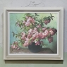 Antique Hand-Painted Still Life Oil on Canvas, Cherry Blossoms by E. Devos in Original Frame