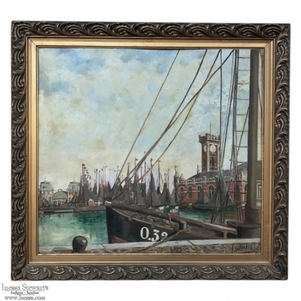 Antique Framed Oil Painting on Board by F. Windel, Harbor Scene