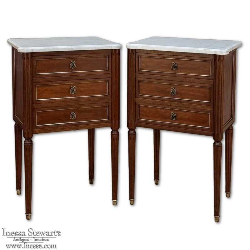 Pair Early 20th Century French Louis XVI Style Mahogany Marble Top Nightstands in the Manner of Maison Jansen