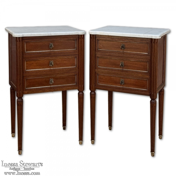 Pair Early 20th Century French Louis XVI Style Mahogany Marble Top Nightstands in the Manner of Maison Jansen