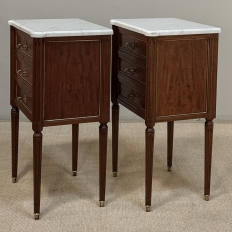 Pair Early 20th Century French Louis XVI Style Mahogany Marble Top Nightstands in the Manner of Maison Jansen