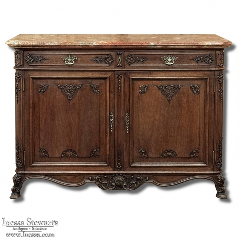 Antique Country French Louis XIV Walnut Marble Top Buffet